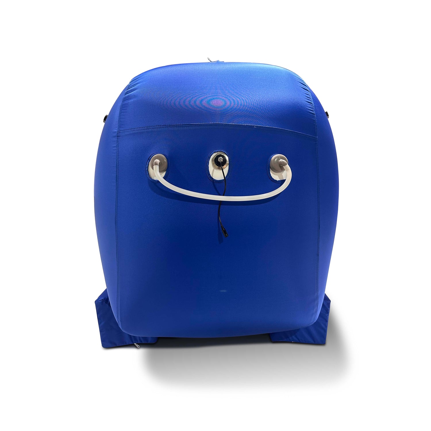 OXYFLOW MINI hyperbaric chamber in blue, showcasing design and pressure valves for oxygen therapy.
