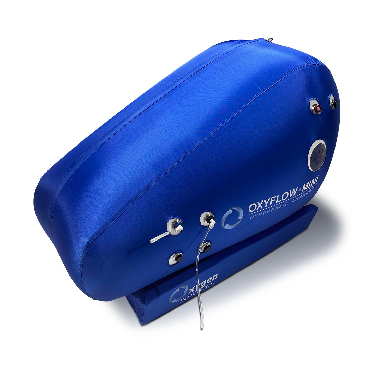 OXYFLOW MINI hyperbaric chamber in blue, showcasing design and pressure valves for oxygen therapy.