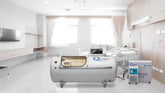 Back view of a hyperbaric oxygen chamber with connections and control panel displayed.
